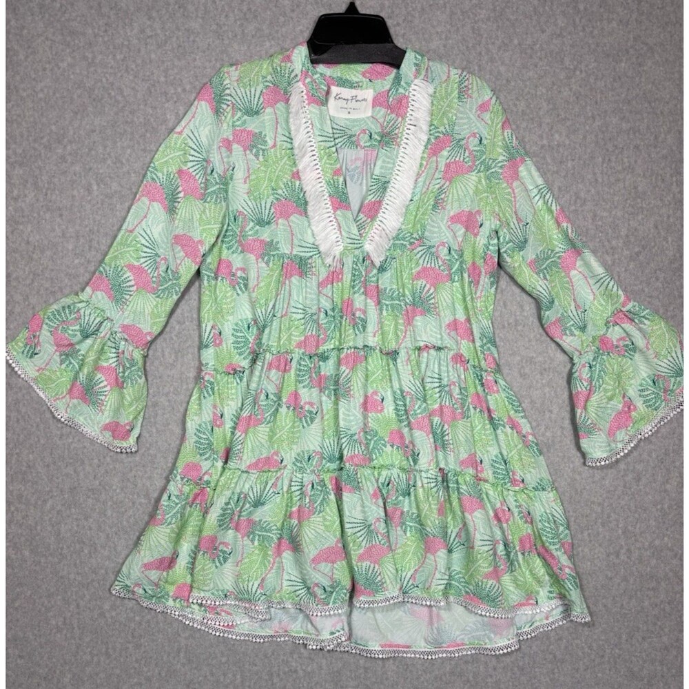Kenny Flowers Women's Tunic Dress Flowy Green Flamingo Beach Coastal Size Small